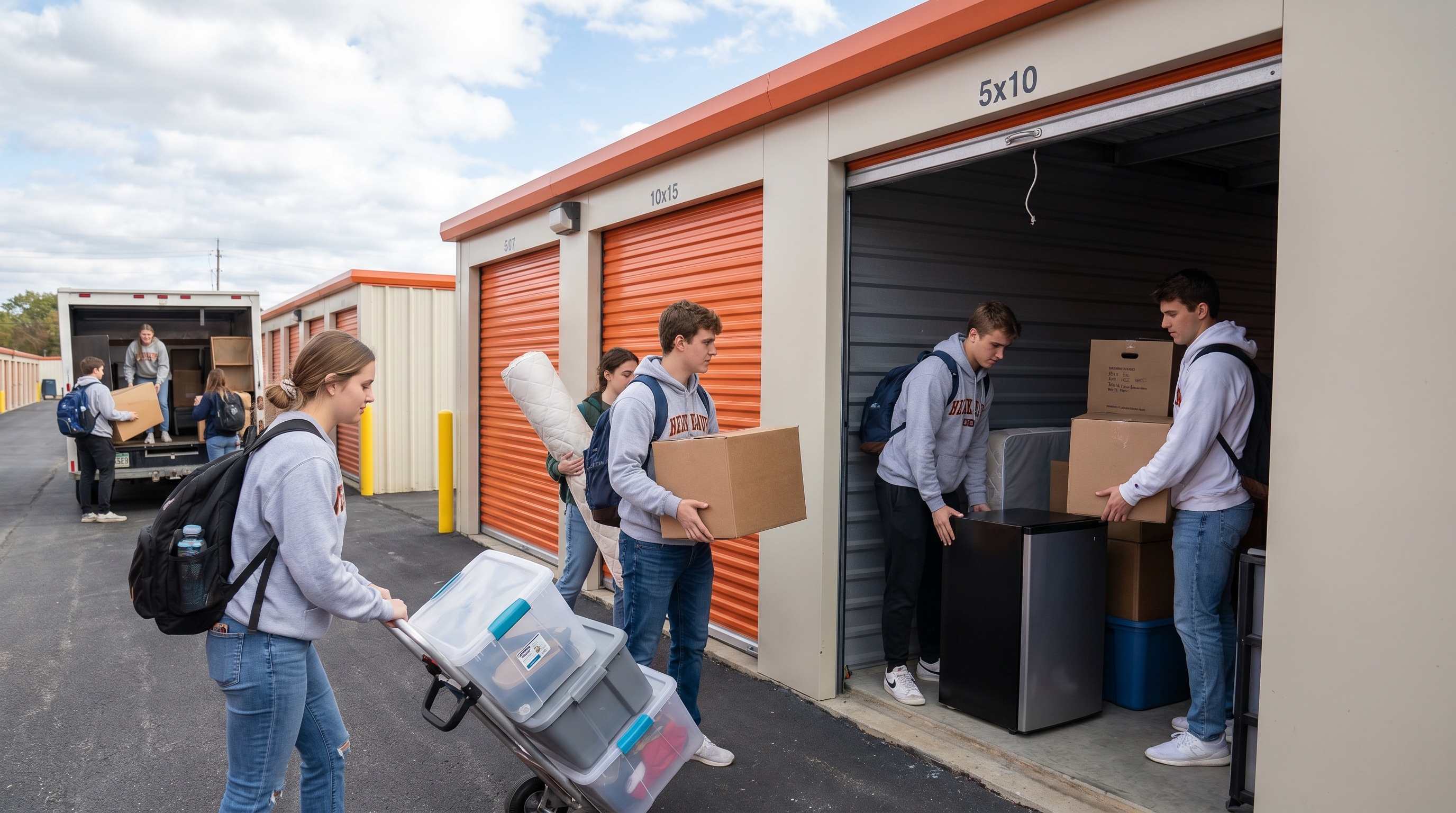 college students loading boxes into storage unit during move out