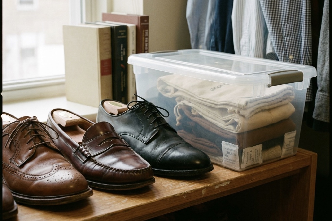 Long-term storage damage on shoes, including cracked soles and mold