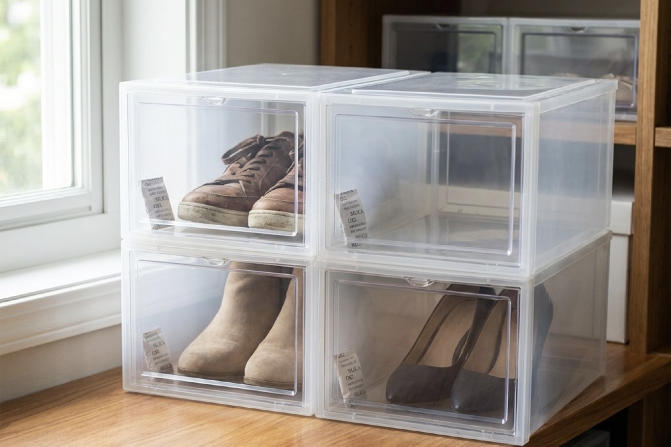 Cedar shoe trees and stuffing used to maintain shoe shape during storage