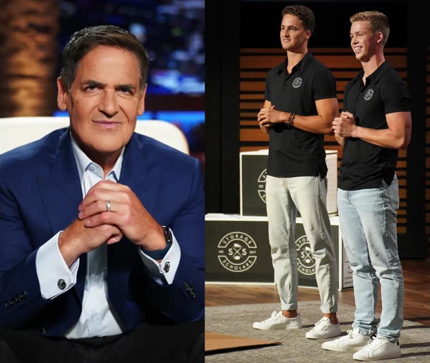Mark Cuban with Storage Scholars co-founders Sam Chason and Matt Gronberg on Shark Tank