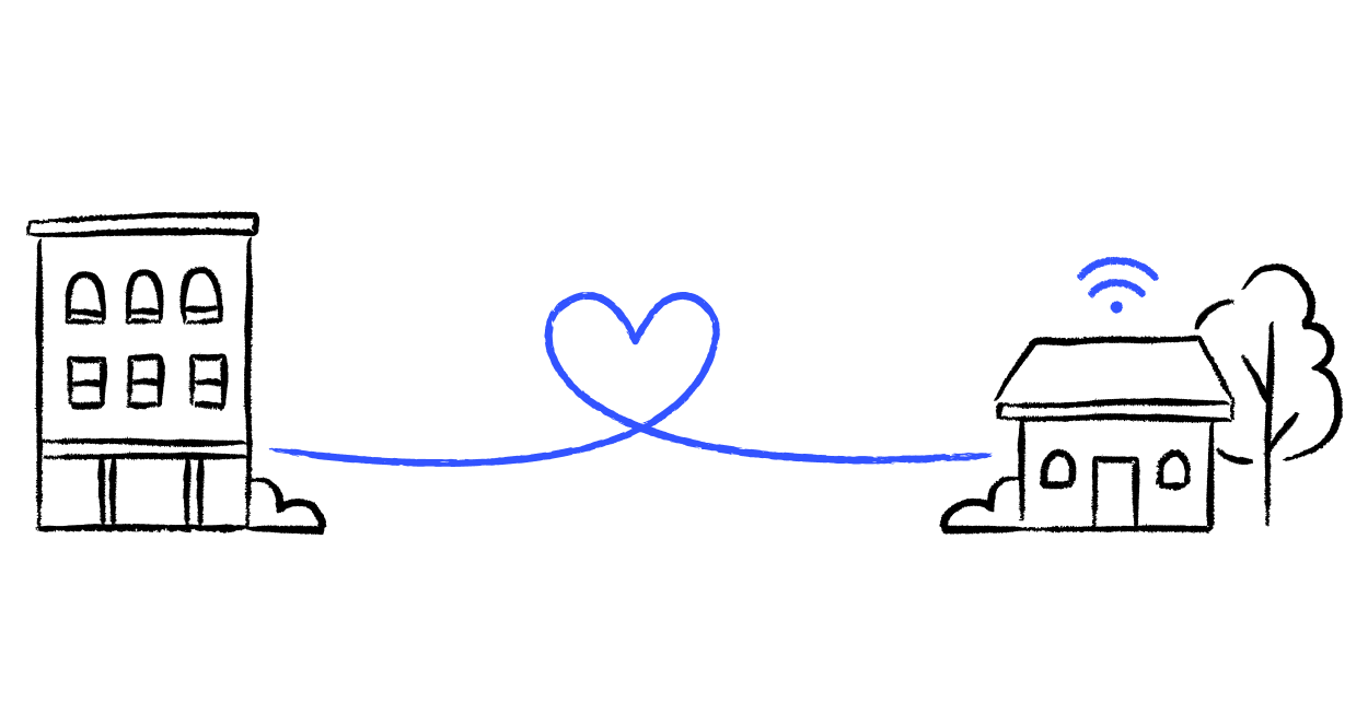 Two buildings connected with Ting Internet, illustrated by a line with a heart in it.