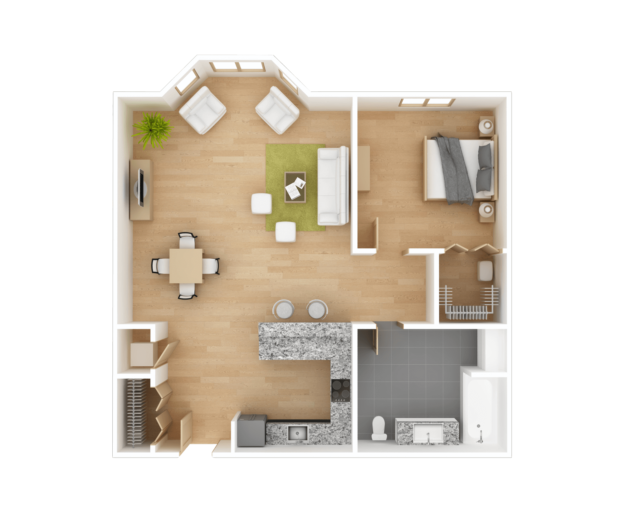 A detailed floor plan of a small home (1 bedroom, 1 bathroom)