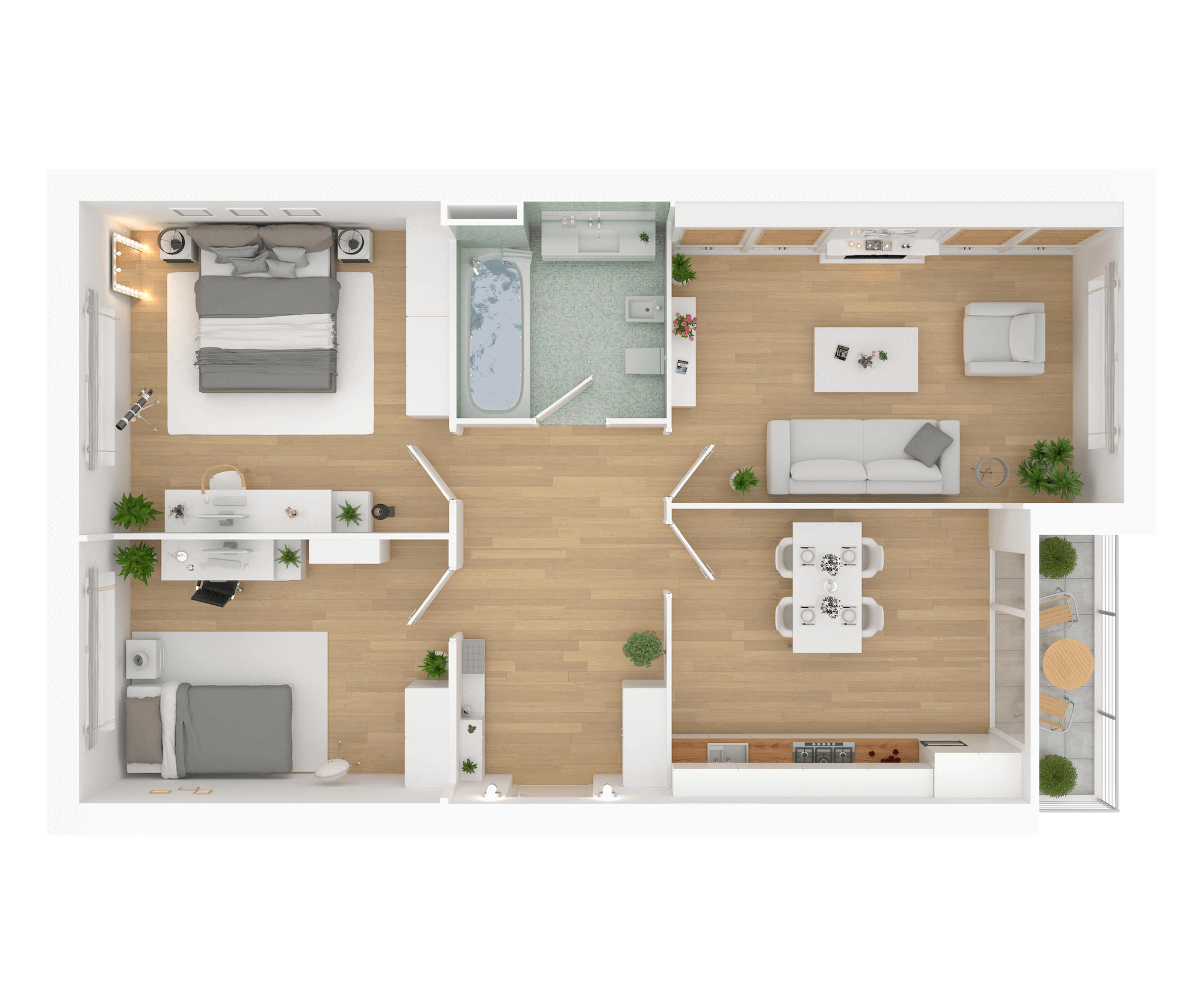A detailed floor plan of a medium sized home (2 bedrooms, 1 bathroom)