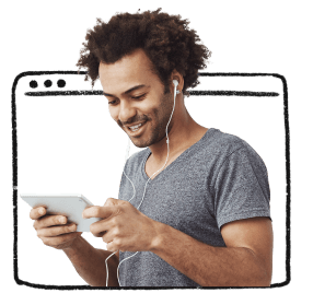 A young man using a tablet device, with headphones plugged in