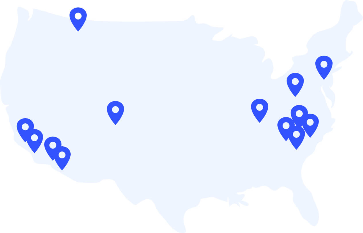 A map of the United States of America, with pins in locations with Ting Internet. See below list for towns highlighted.