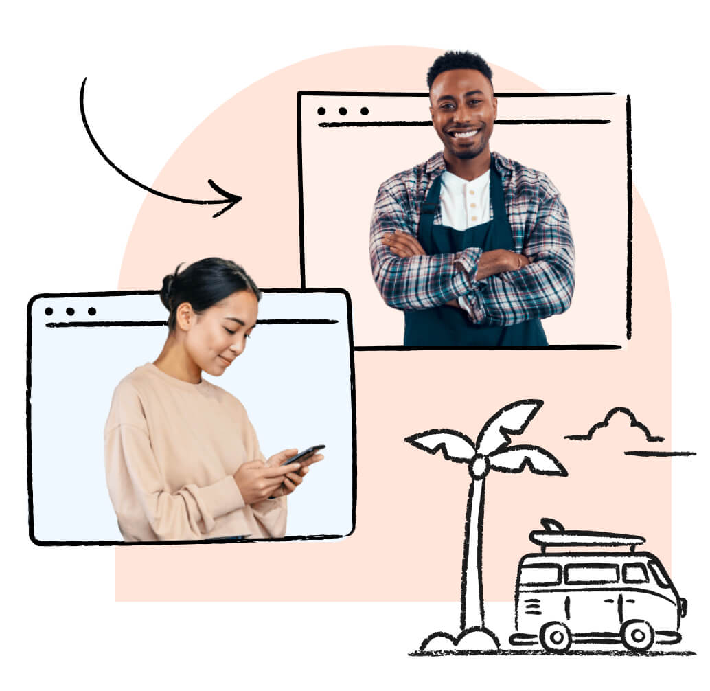 A collage of illustrative computer windows layered on top of each other, with a van by a palm tree illustration.