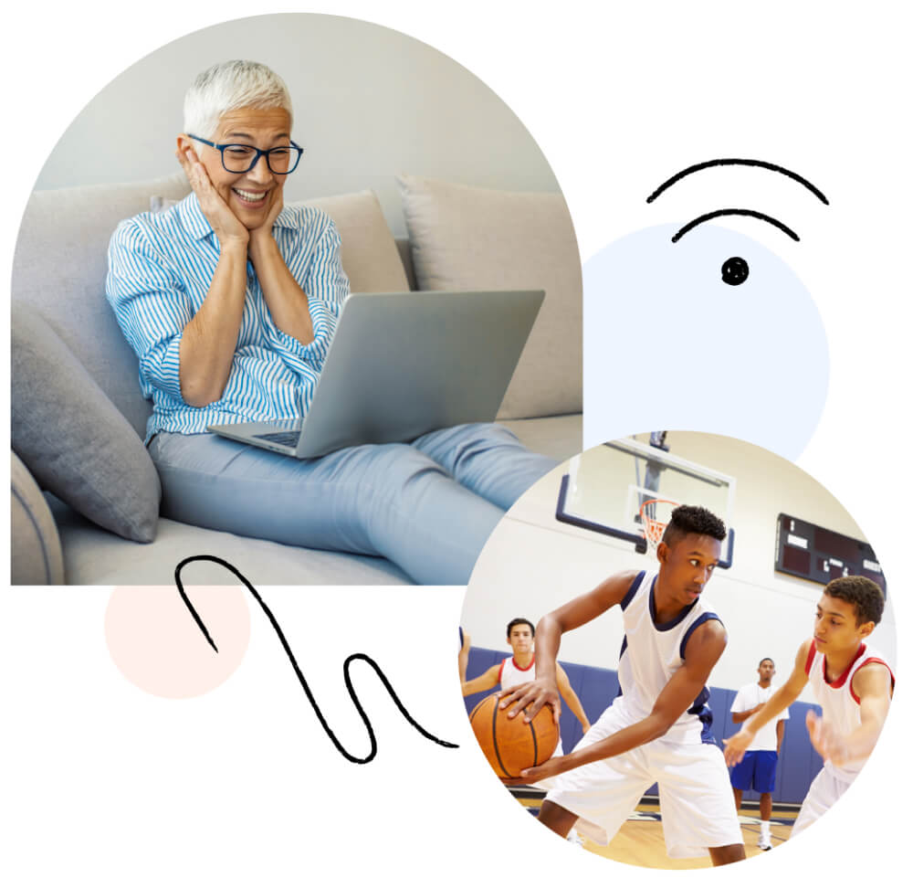 Excited woman watching sports on laptop; HIghschool students playing basketball