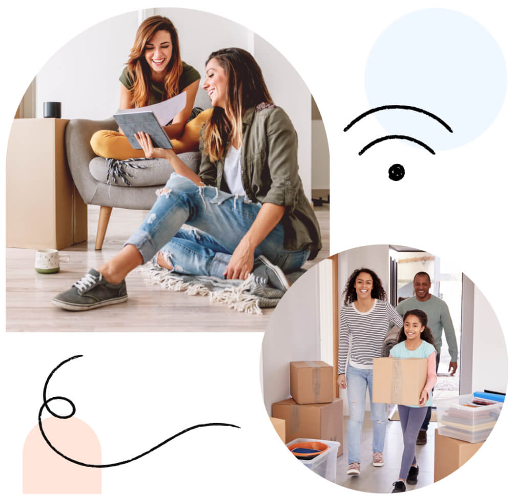 Two women enjoying content on a tablet; a young family brings in boxes into their new home