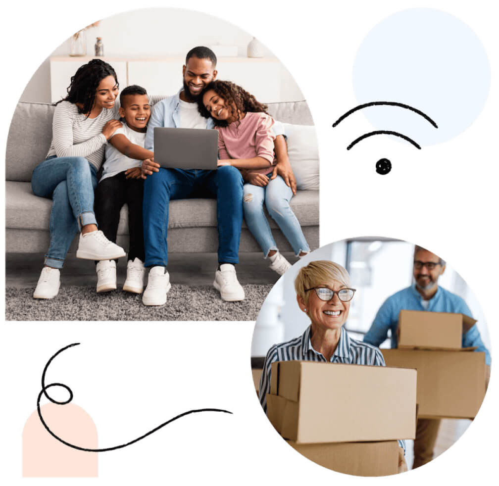 A family watching something together on a laptop; a pair carrying cardboard boxes
