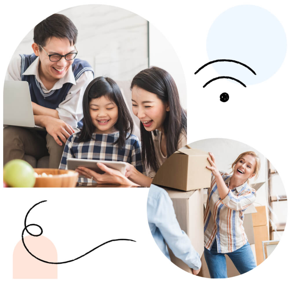 A young family on a tablet device; a younger woman holding a moving box