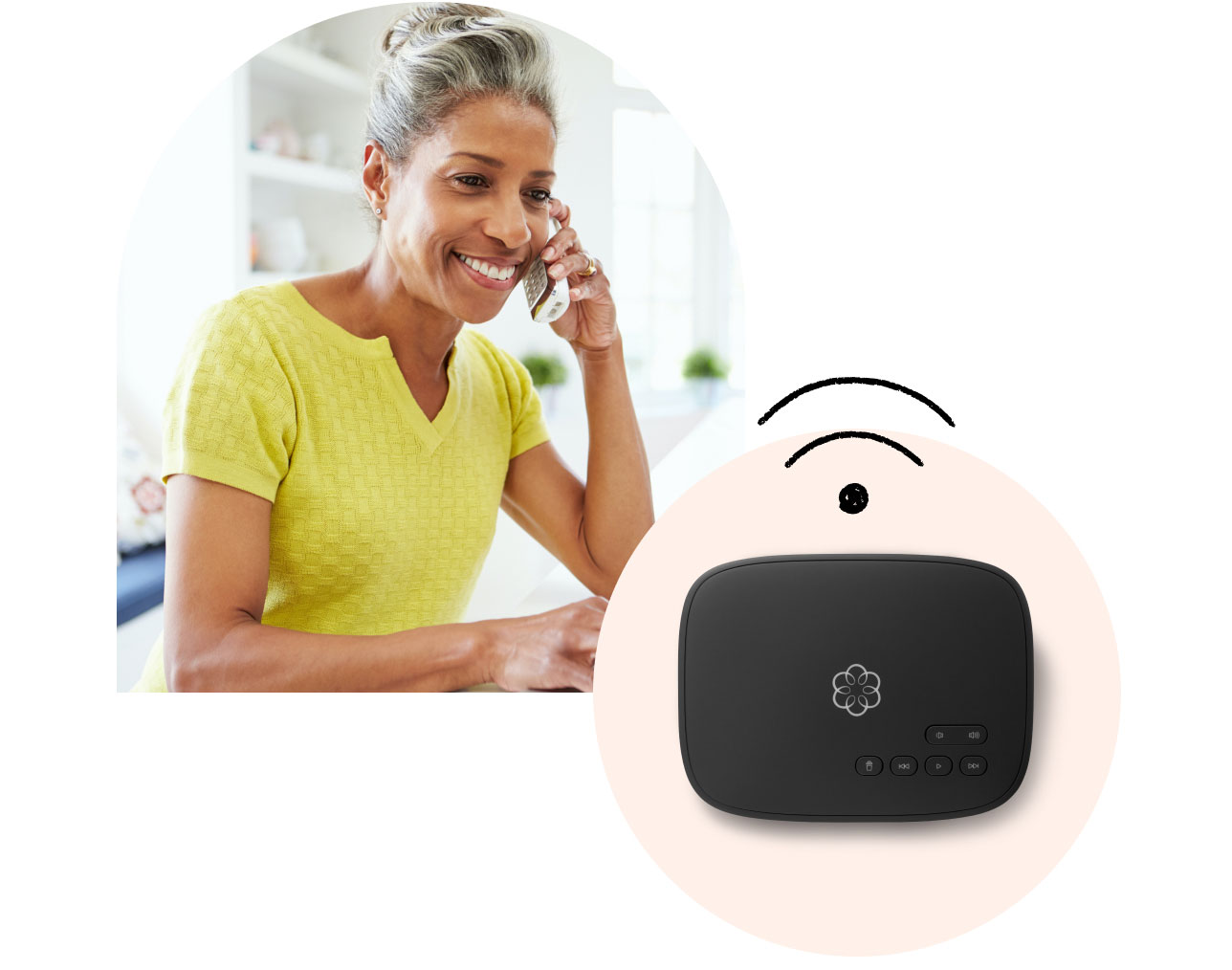 Woman speaking on cordless landline phone with Ooma device in the foreground