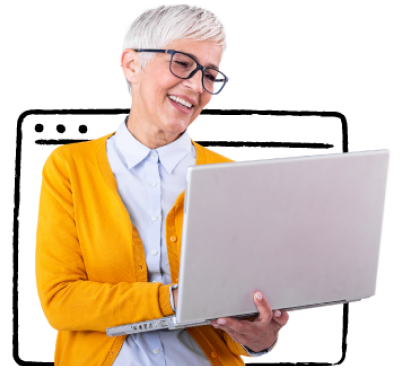 Image collage: illustrated browser window behind woman smiling and holding her open laptop