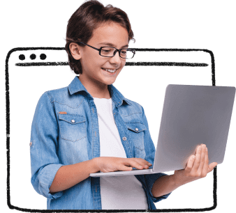 Image collage: a young student uses a laptop, inside an illustrated browser window