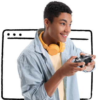 Image collage: A young teen focused while playing a video game, inside an illustrated browser window