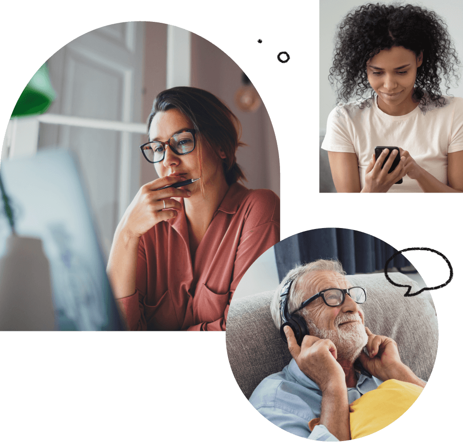 A collage of people enjoying various devices connected to the internet.