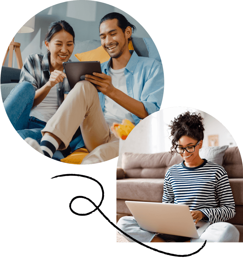 An image collage: one image of a couple on an iPad; one image of a woman on her laptop