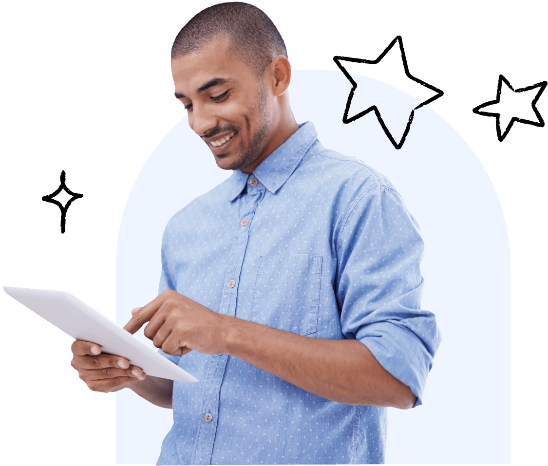 A young man scrolling on a tablet device