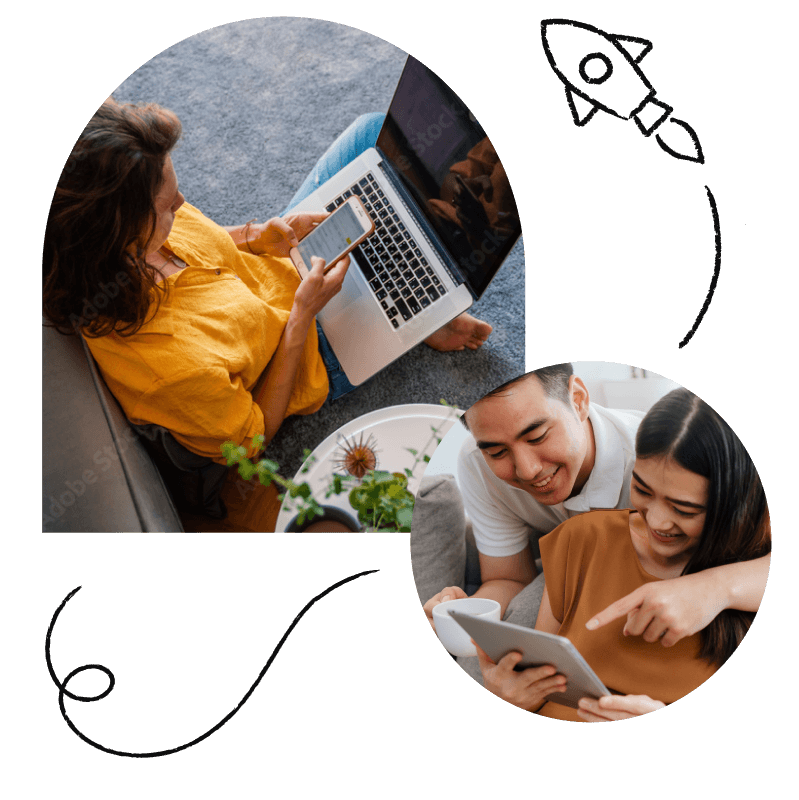 A image collage: a young woman seen from above browsing the internet;  a young couple on a tablet together