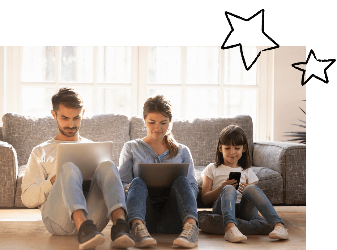 A family sits side by side, using devices connected to Wi-Fi.