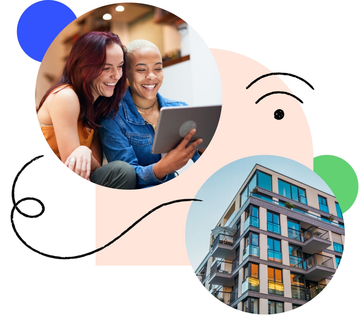 Two women using tablet with line illustration showing wifi connection in apartment building