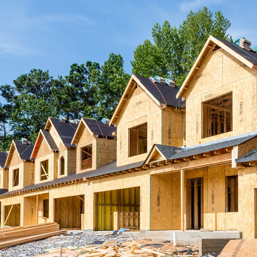 Row of residential homes under construction