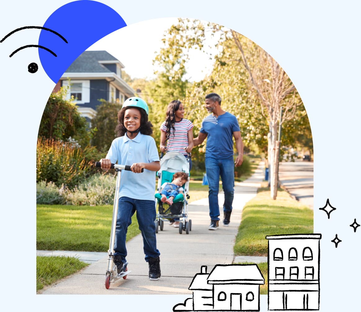 Family of four walking down suburban neighbourhood street on a sunny day. Illustration of wifi symbol and homes