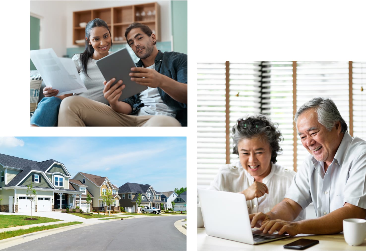 Young couple looking at a bill and tablet. Older couple using a laptop together. Residential neighbourhood street.