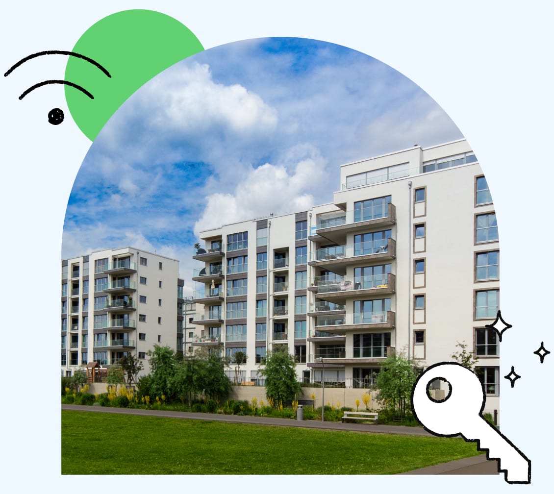 Apartment building complex with illustration of a key in the corner