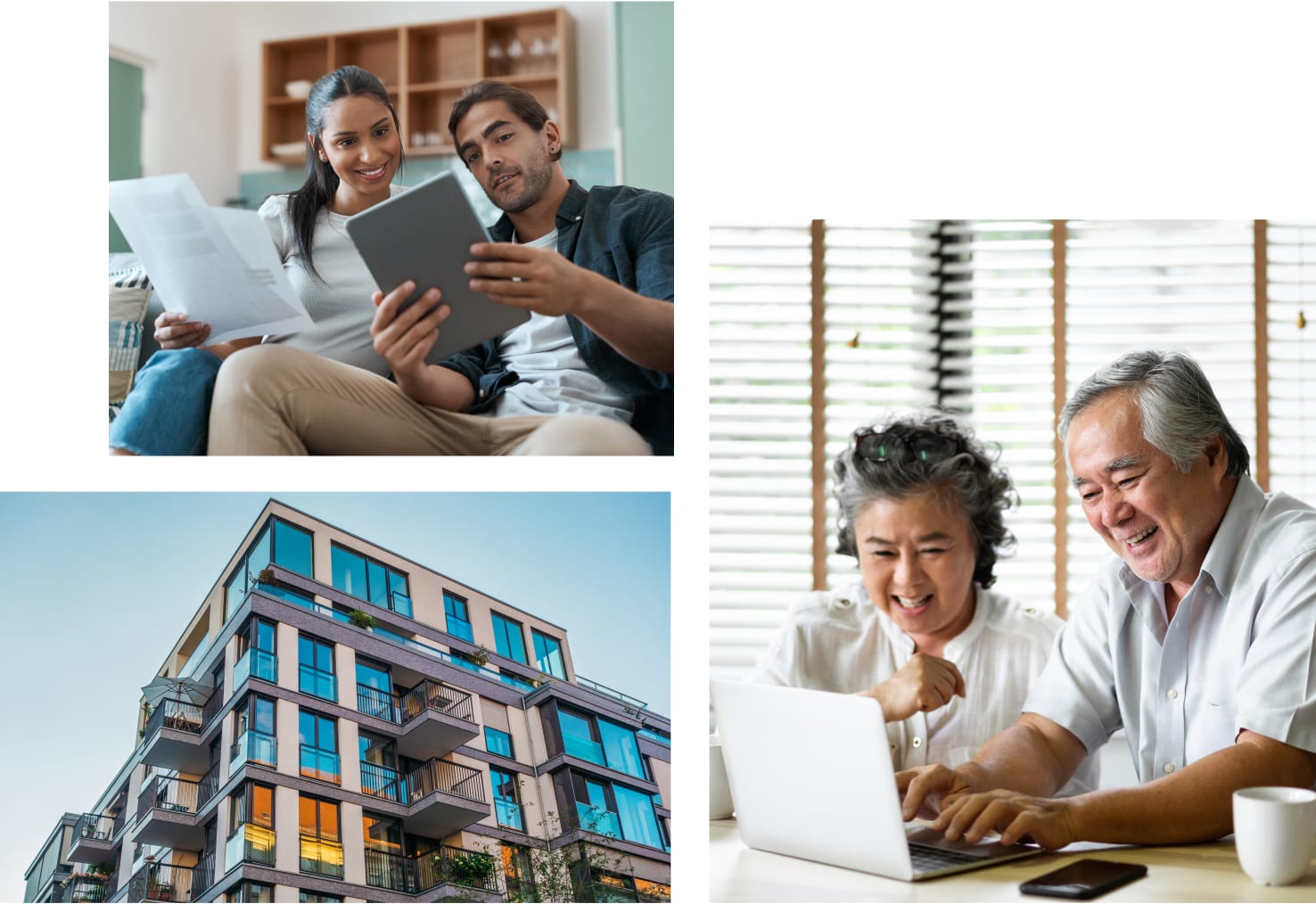 Young couple looking at a bill and tablet. Older couple using a laptop together. Apartment building.