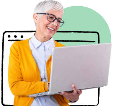 Smiling older woman holding laptop 