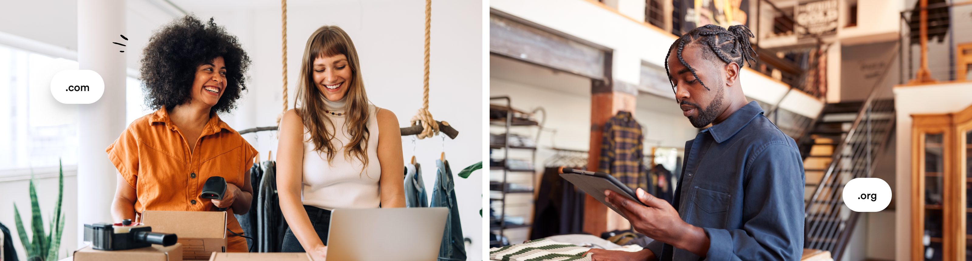 A collage of 3 young professionals with various devices, in their shops, with bubbles of '.com' and '.org' floating. 