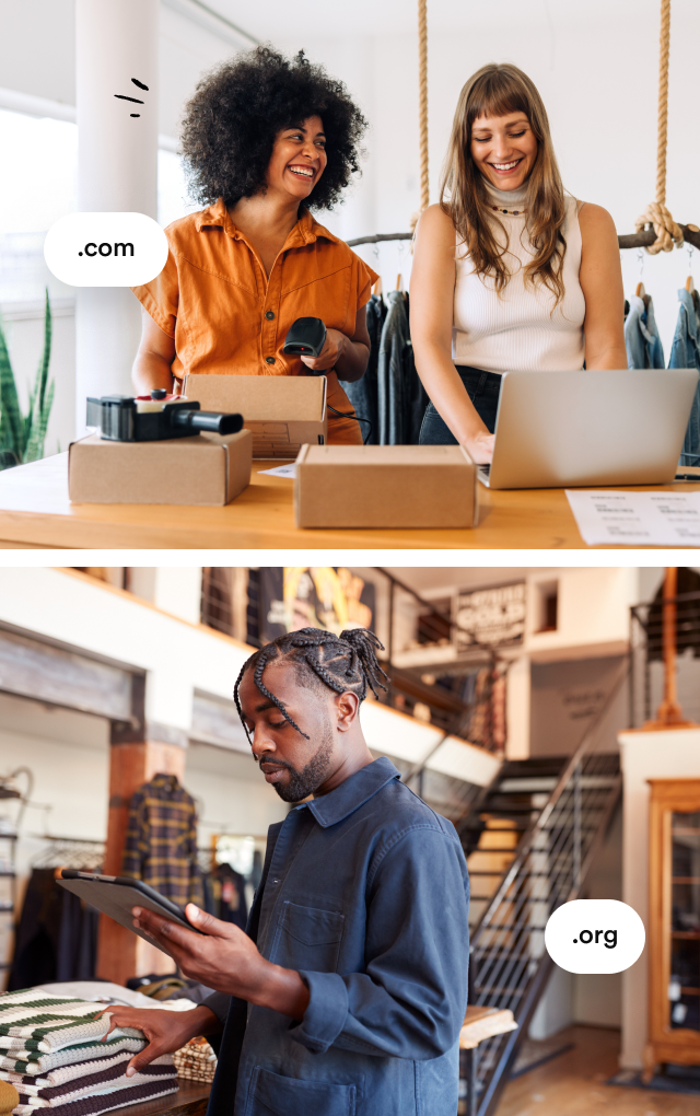 A collage of 3 young professionals with various devices, in their shops, with bubbles of '.com' and '.org' floating. 
