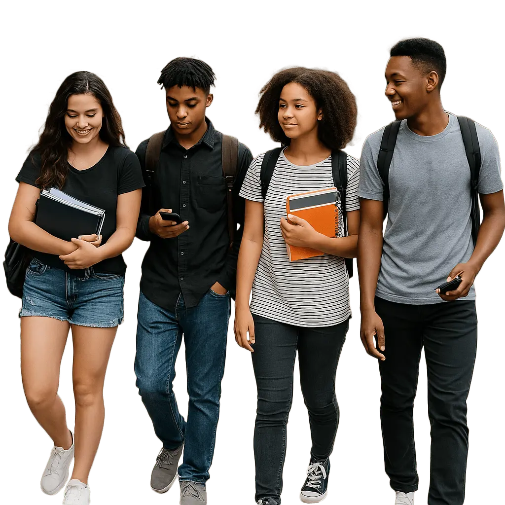 Four students walking together, holding books and phones, wearing casual clothing and backpacks, smiling in an outdoor setting.