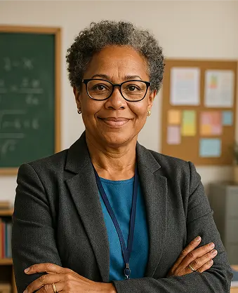 A woman wearing glasses stands in front of a chalkboard, appearing engaged in teaching or presenting information.