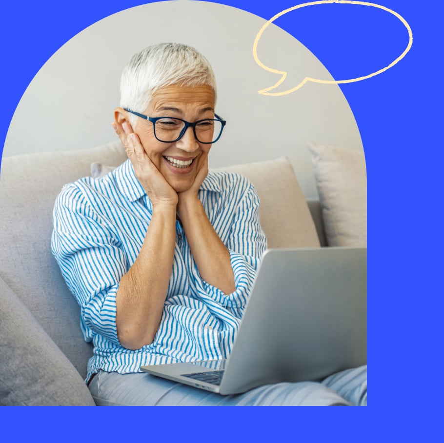 An older woman on a video call, very excited