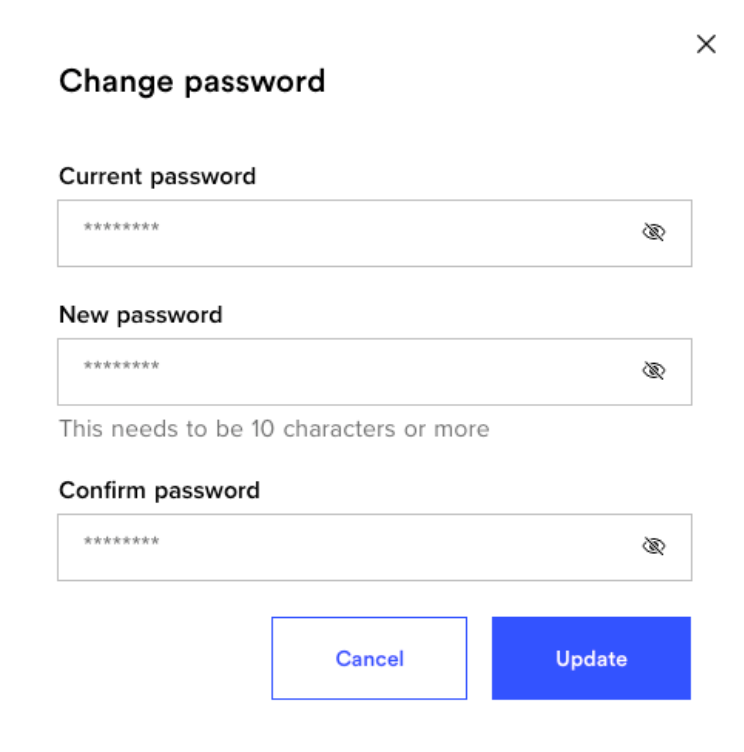 The change password popup. The fields to fill in are shown and are; current password, new password, and confirm password. The cancel and update buttons are present at the bottom.