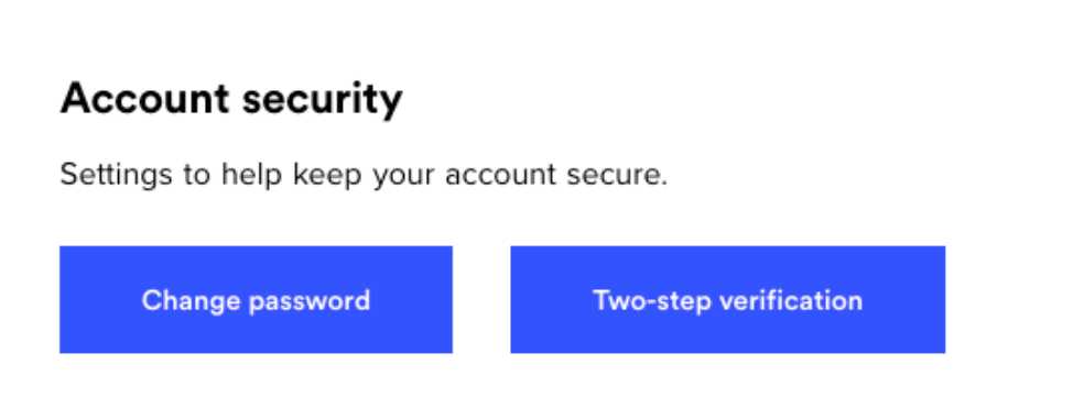 the Account Security menu within a Ting account, showing two blue button options to either Change password or Two-step verification.