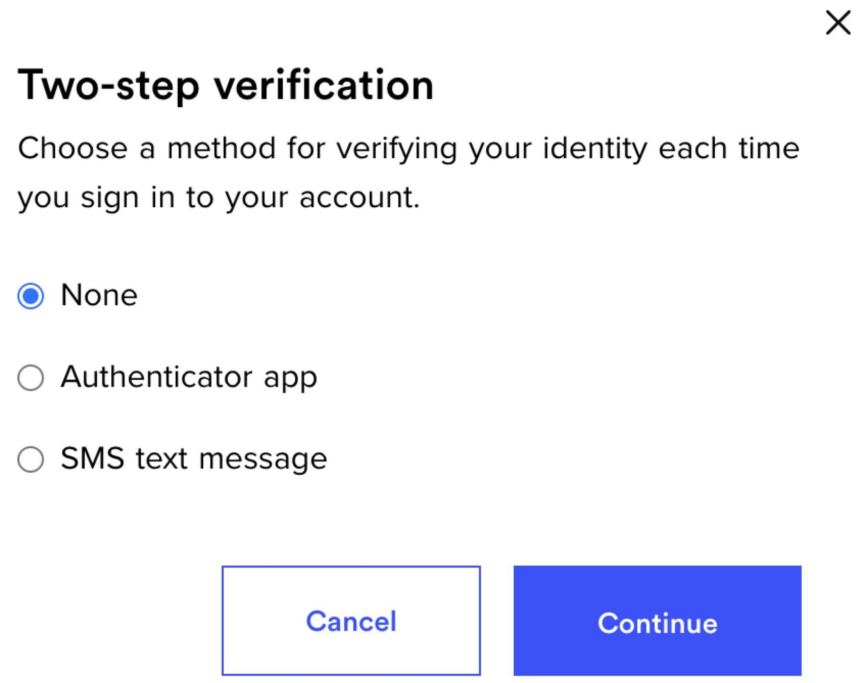 A two-step verification pop-up is displayed, with the 'None' radio button selected. The 'Authenticator app' and 'SMS text message' are listed as the verification method options.