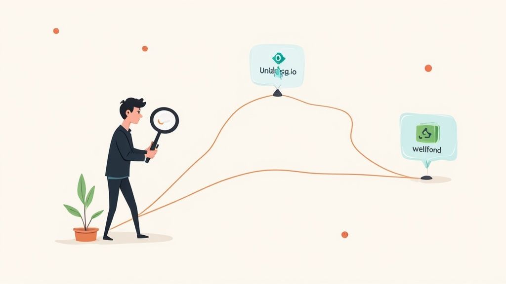 A person's hands typing on a laptop with a blurred background of a modern, collaborative office space, symbolizing the active search for startup jobs.