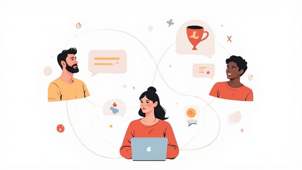 A group of professionals networking at a tech event in a modern, well-lit space.