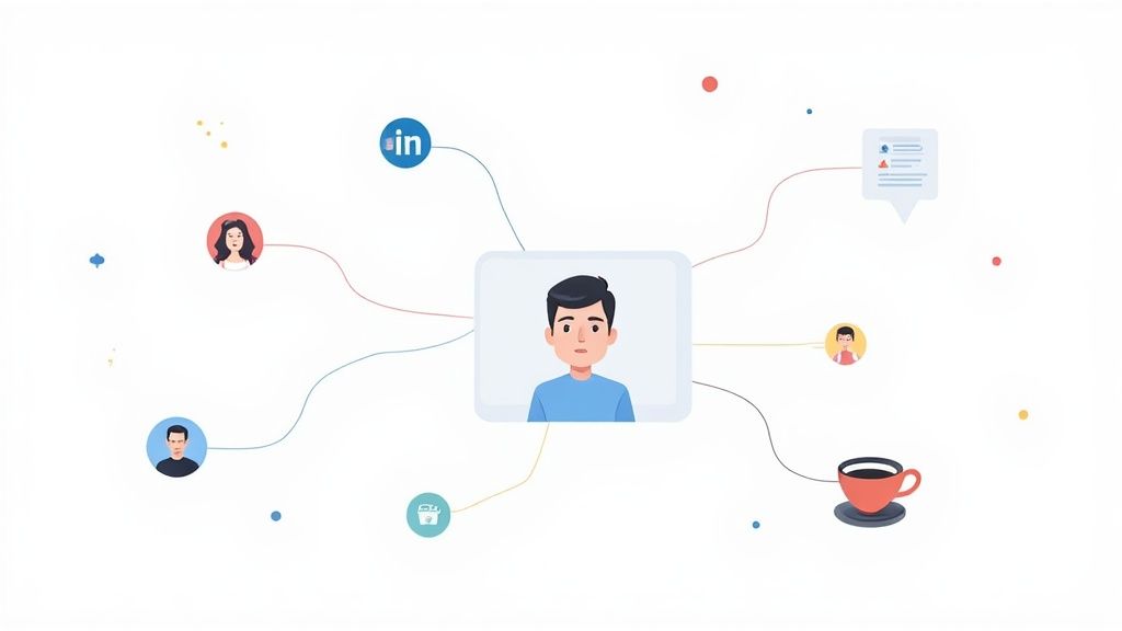 Professional networking illustration showing person connected to contacts, LinkedIn, coffee, and resume elements