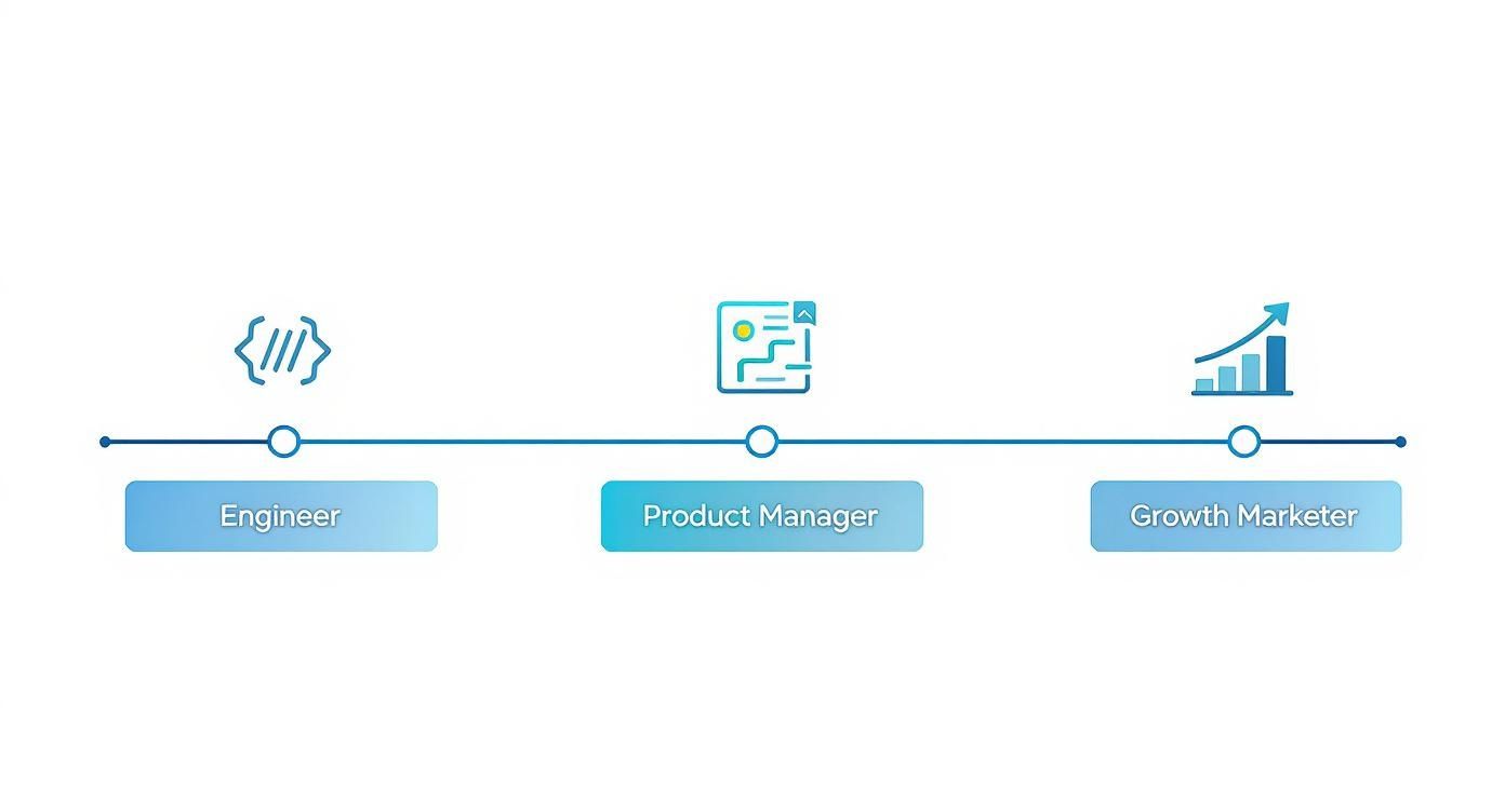 A diagram illustrating the three key early-stage startup roles: Engineer, Product Manager, and Growth Marketer.
