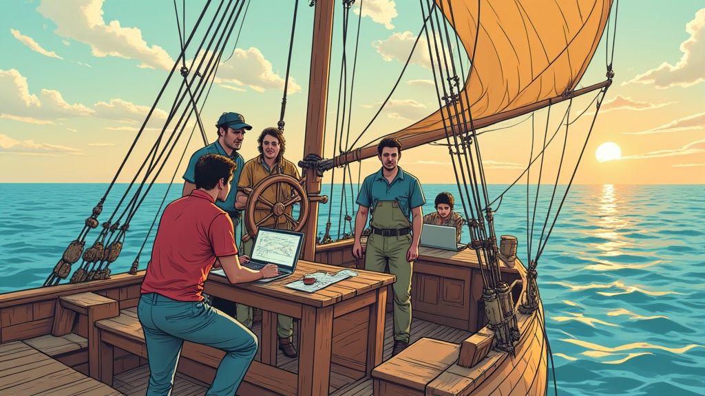 A team of men works on laptops aboard a sailboat at sunset.