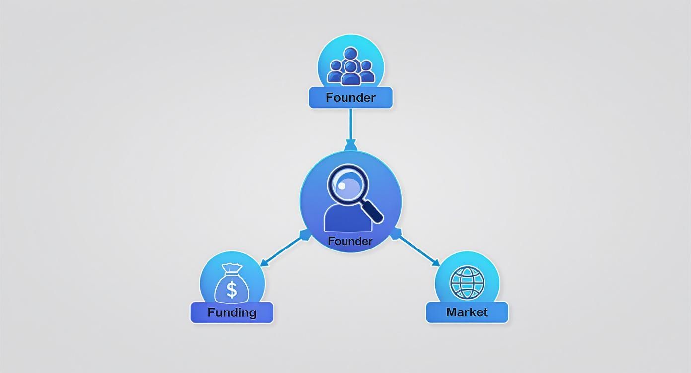 A conceptual diagram showing a central founder connected to a group of founders, funding, and market.