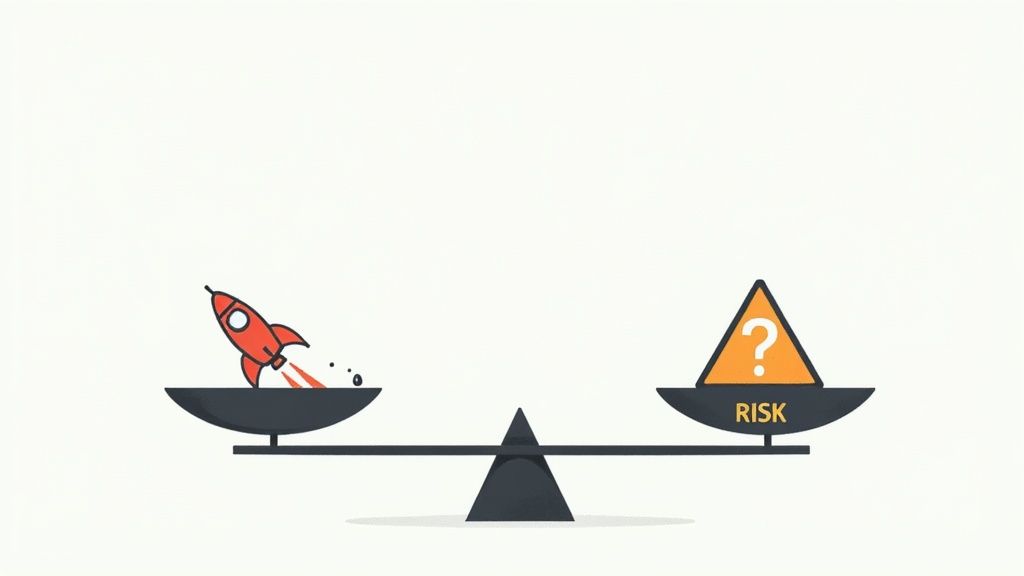 Illustration of a balance scale with a launching rocket on one side and a 'RISK' warning sign on the other.