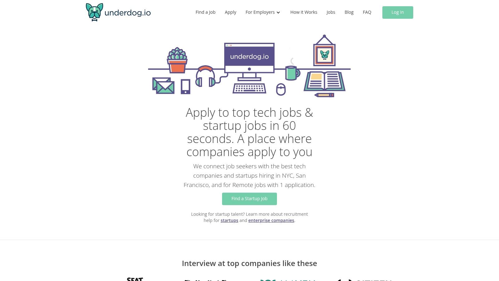 Underdog.io's homepage showcasing its curated hiring marketplace