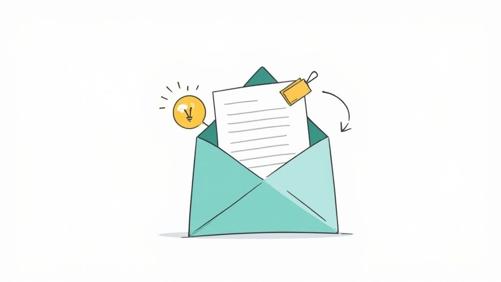 An open turquoise envelope with a document, a glowing lightbulb, and a tag, symbolizing new ideas or communication.