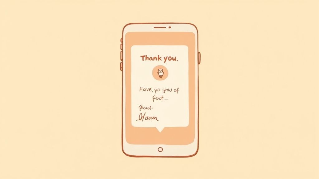 A minimalist illustration of a smartphone displaying a 'Thank you' message and a humorous, informal note.