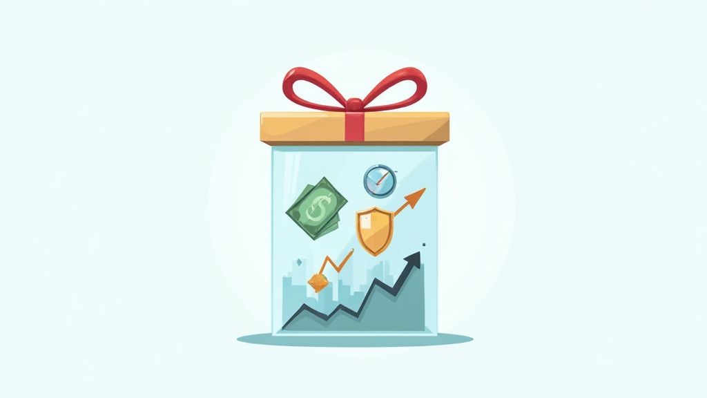 A transparent gift box filled with financial concepts: money, time, security, and growth charts.