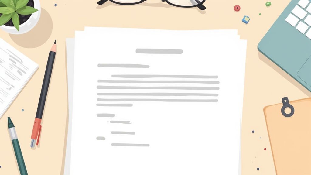 An overhead view of a desk with a two-week notice letter, laptop, glasses, and office supplies.